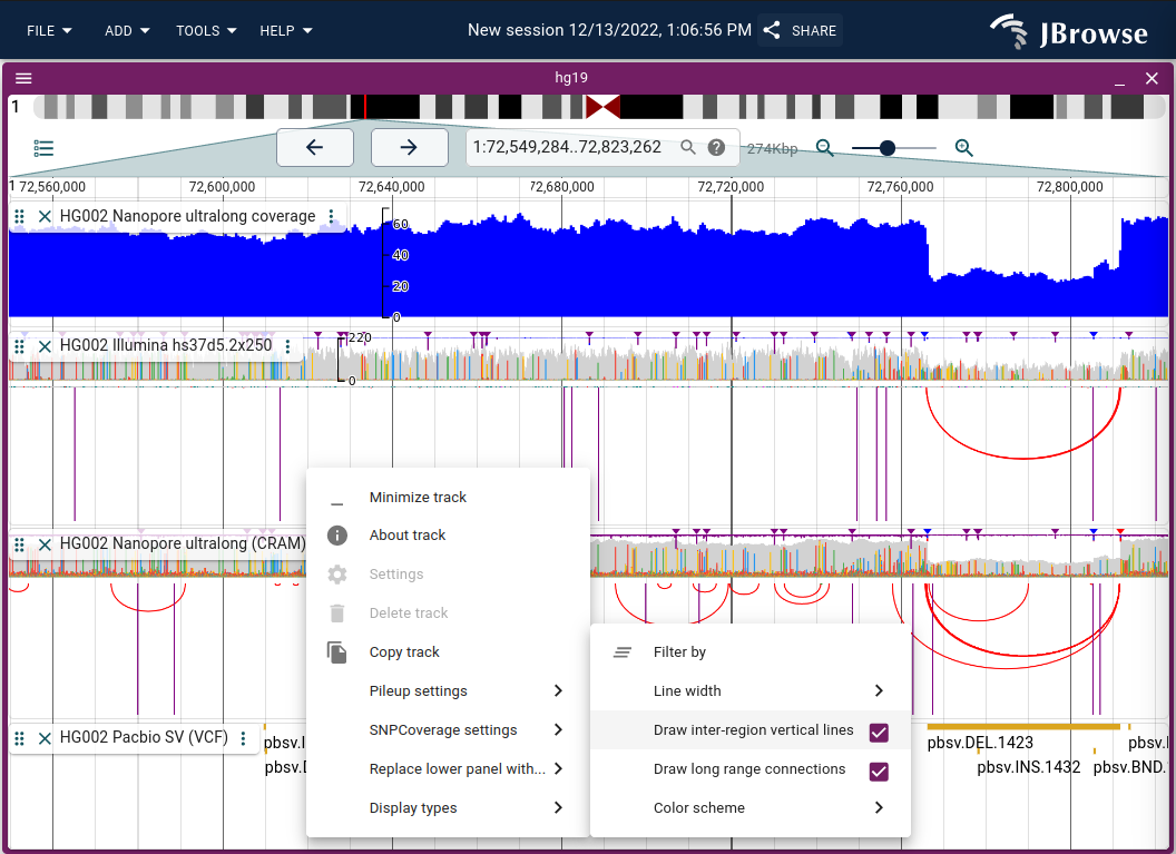 The arc display showing a deletion with Illumina paired-end reads and Nanopore ultra-long reads on HG002. Also shows the menu-items for hiding inter-region lines.