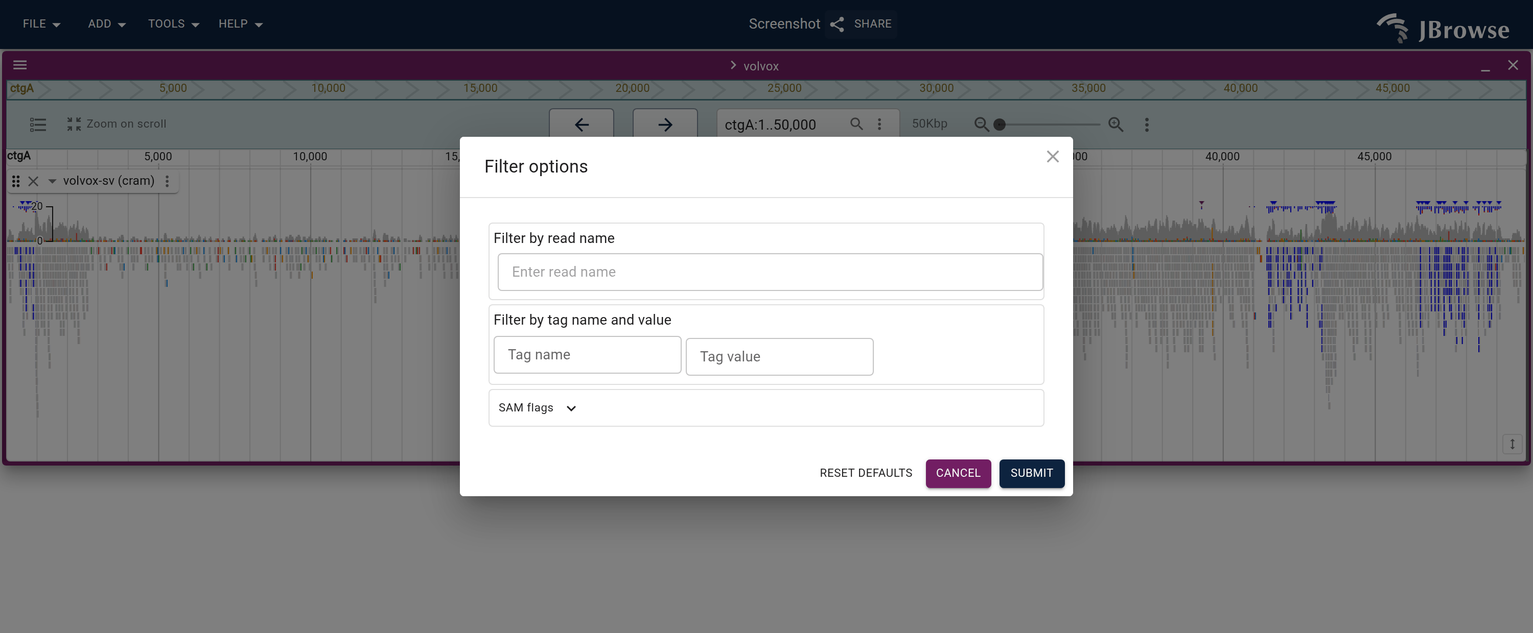 The Filter by dialog. The two flag columns are an include/exclude bitmask; by default unmapped, QC-fail, and duplicate reads are excluded.