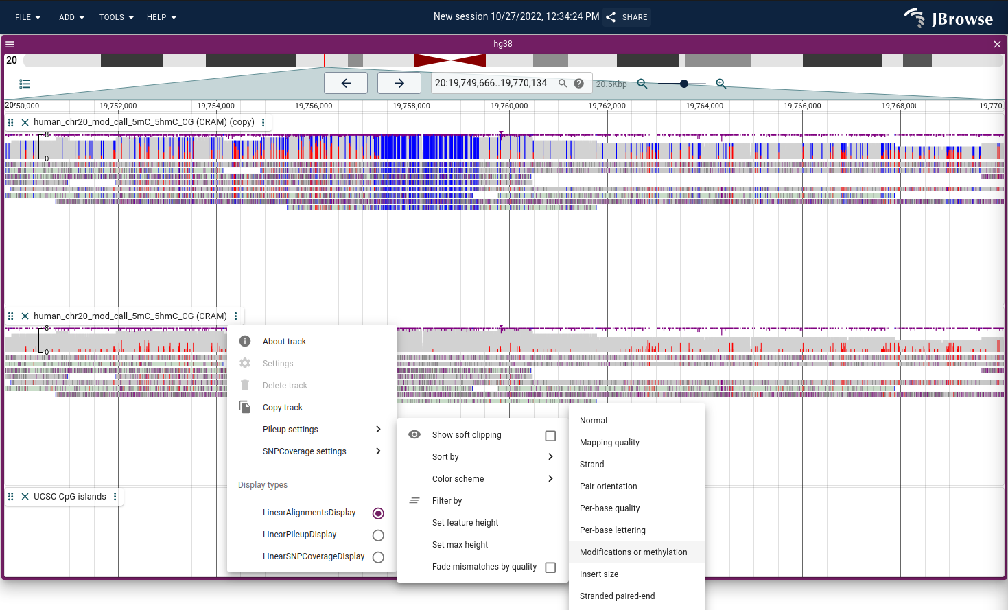 The track menu can be used to access the settings to color by modifications or methylation
