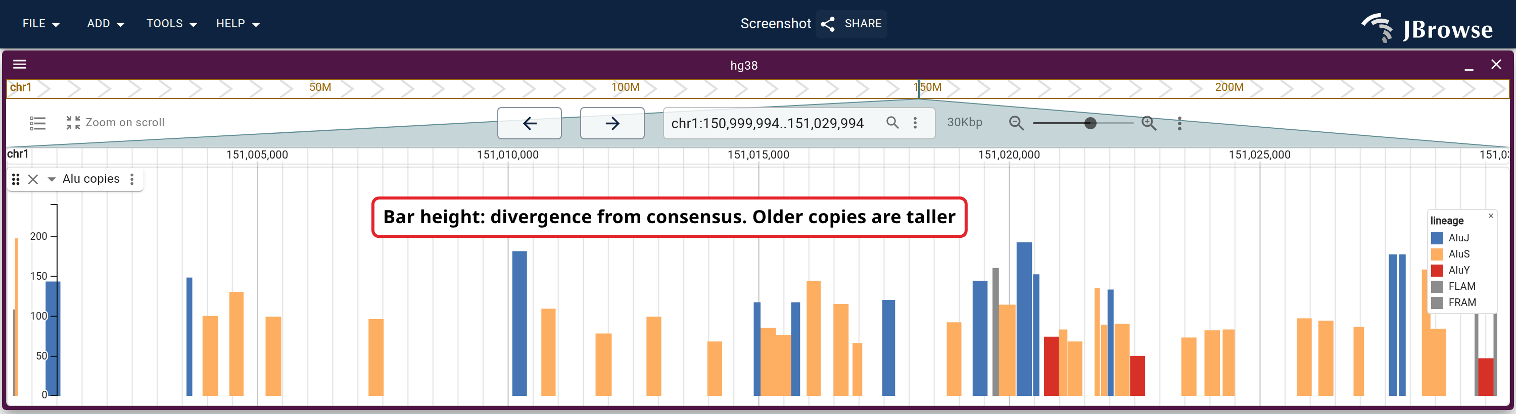 Alu copies over a window of 1q21, one bar per copy with its divergence from its consensus as the height and its lineage as the colour. The AluY bars are the shortest in the window and the AluJ bars the tallest, with AluS between; the fossil monomers stand with AluJ.