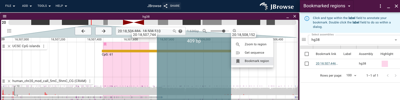 Create a bookmark by clicking and dragging the top of any LGV and select 'Bookmark region.'