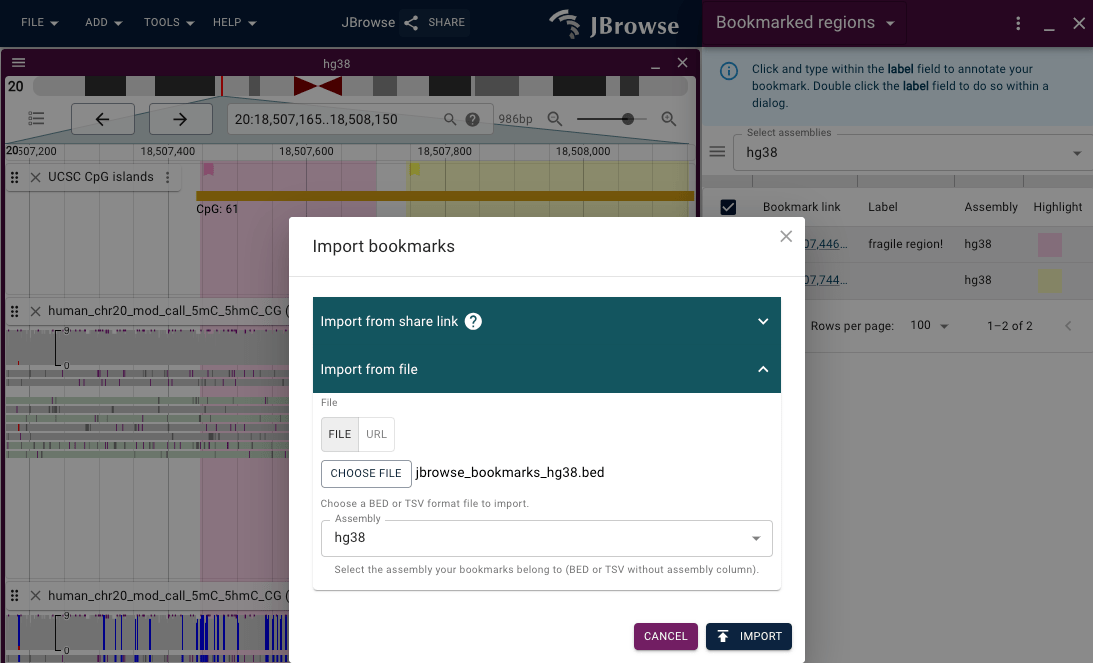 Importing a list of regions from a BED file.