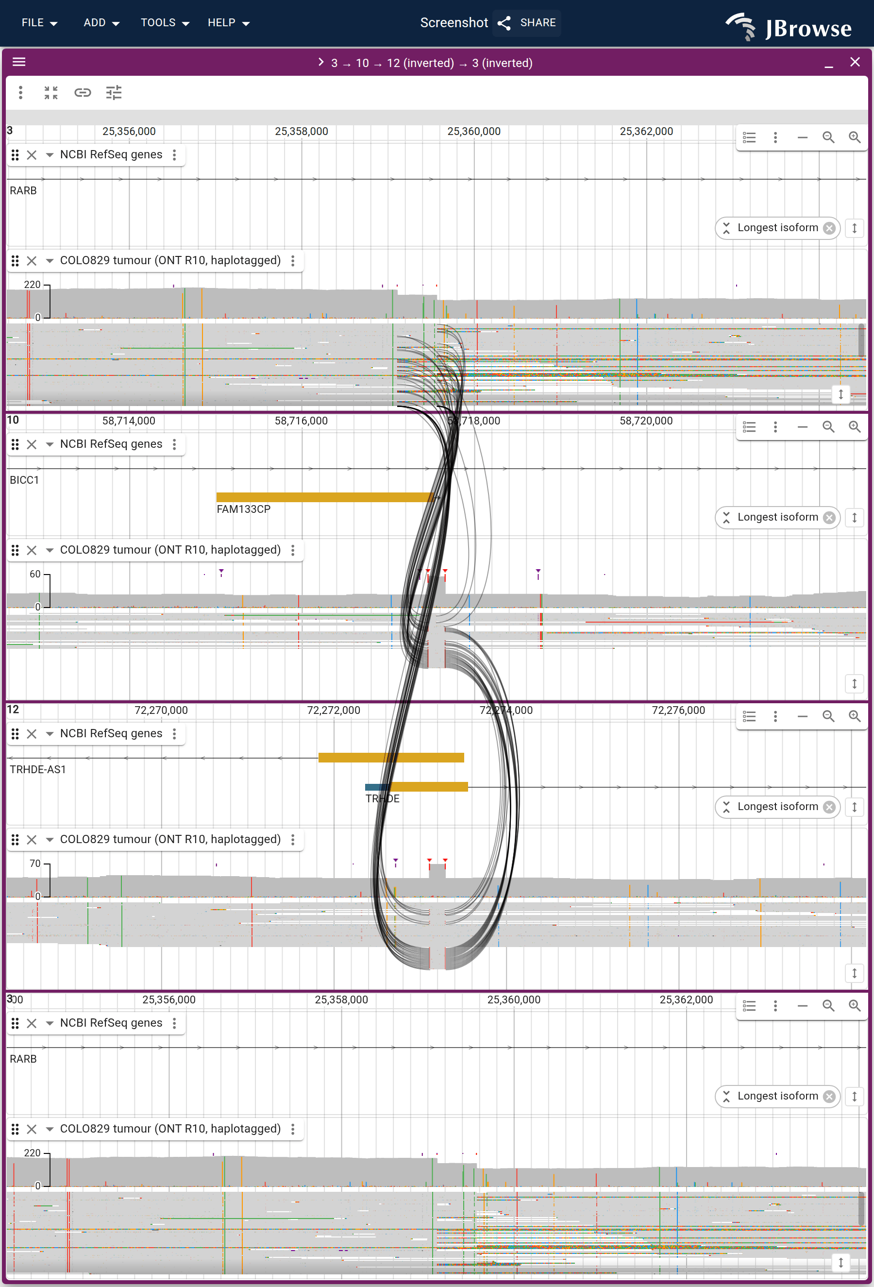 A COLO829 chain through chr3, chr10 and chr12 and back to chr3, one panel per locus with the tumor pileup in each. The splines carry the same molecules from panel to panel, in the order the reads cross the junctions.