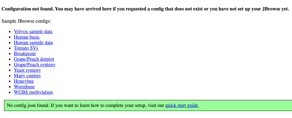 JBrowse 2 screen showing no configuration found