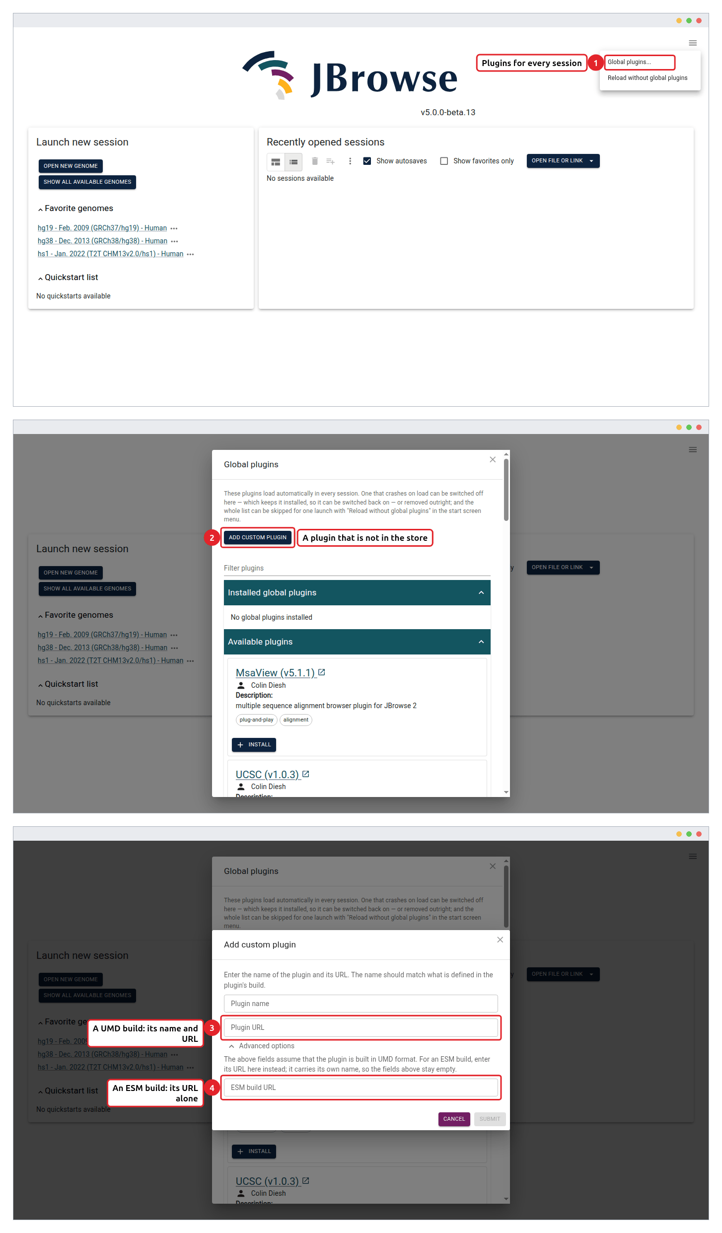 Global plugins from the start screen menu (1) opens the dialog, whose Add custom plugin (2) takes a UMD build's name and URL (3) or, under Advanced options, an ESM build's URL (4).