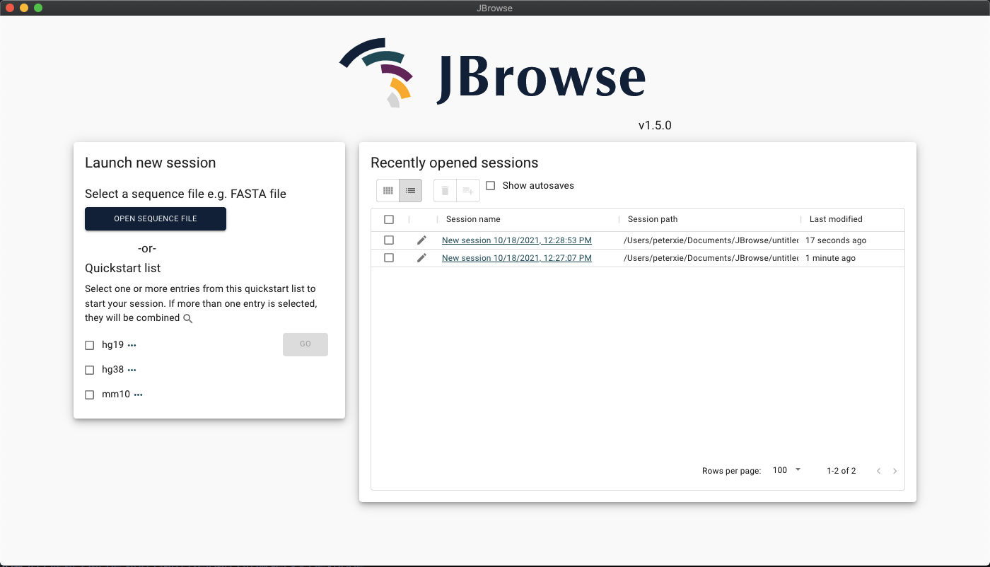 The JBrowse desktop splash screen has some sample assemblies on the left panel.