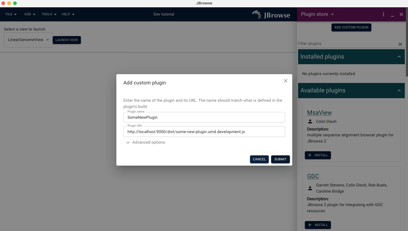 After pressing the button a modal will open with some fields to fill in. Pictured above, your fields filled in might look like this. Make sure they match the information from your plugin project, that is currently running.