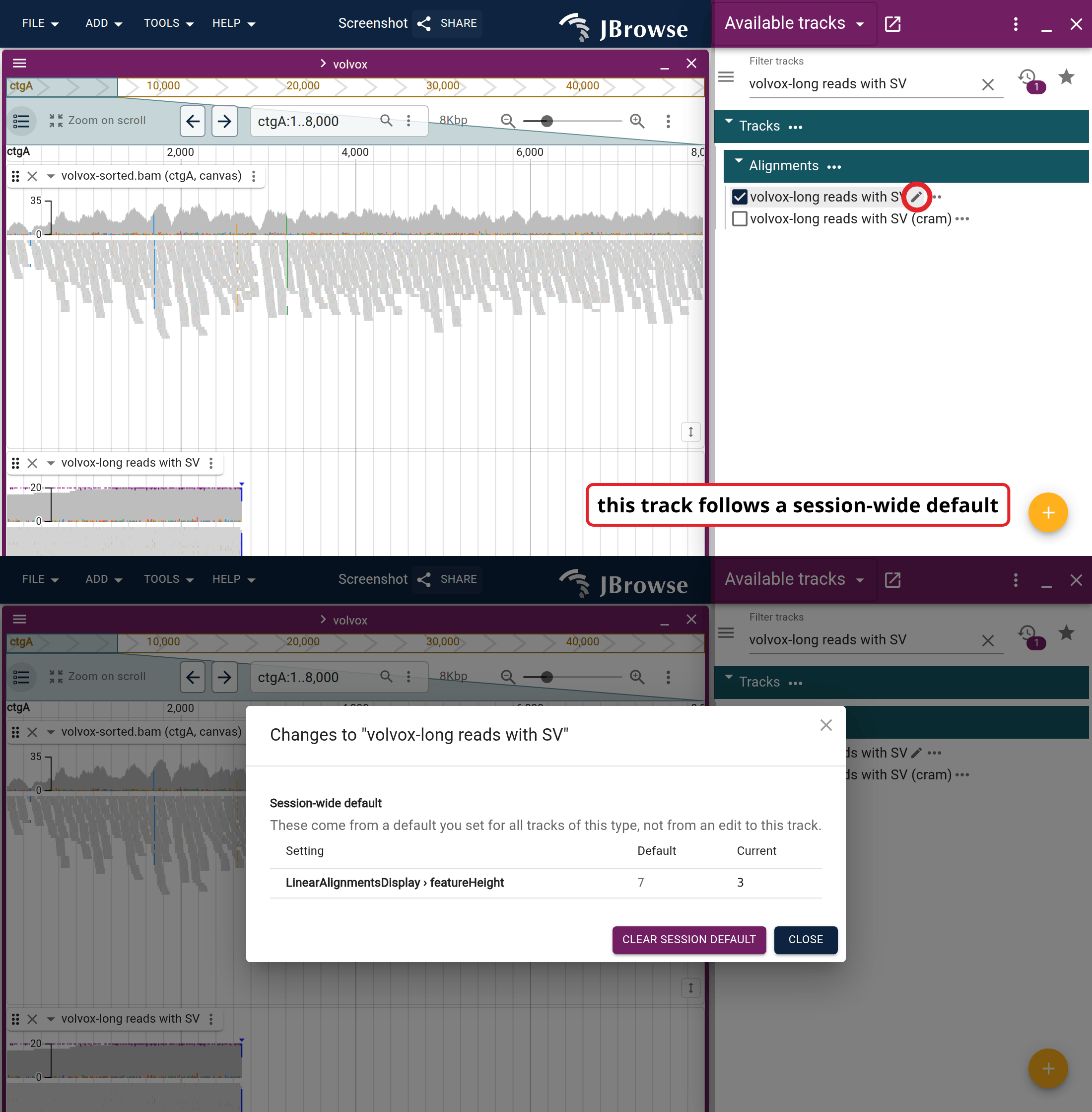 After pinning Compact, the alignments track carries a pencil in the track selector. The dialog it opens lists featureHeight under 'Session-wide default', and offers to clear it.