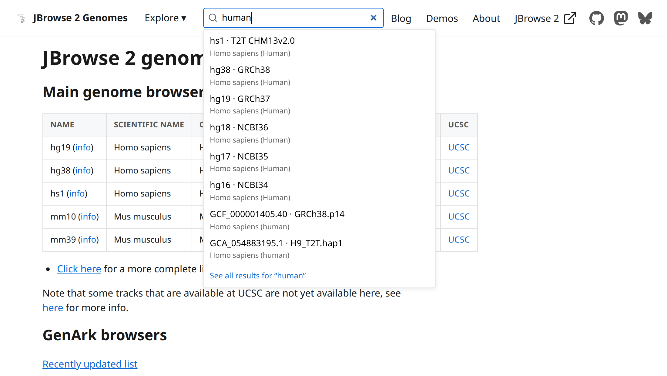 The header search box, mid-query. The dropdown mixes UCSC database names with GenArk accessions, since both catalogs are in the one index.