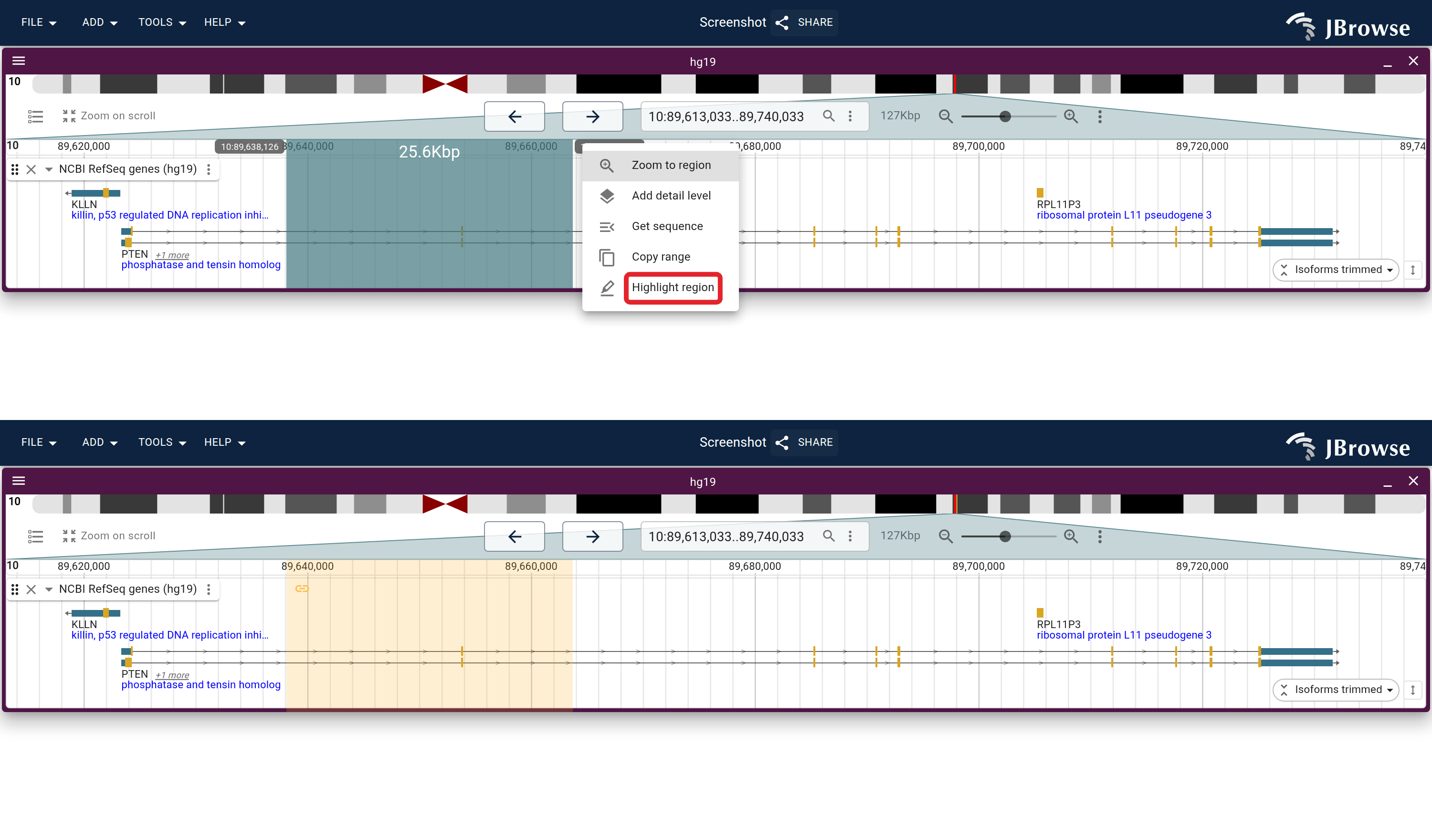 Drag across the top of an LGV and pick 'Highlight region.'