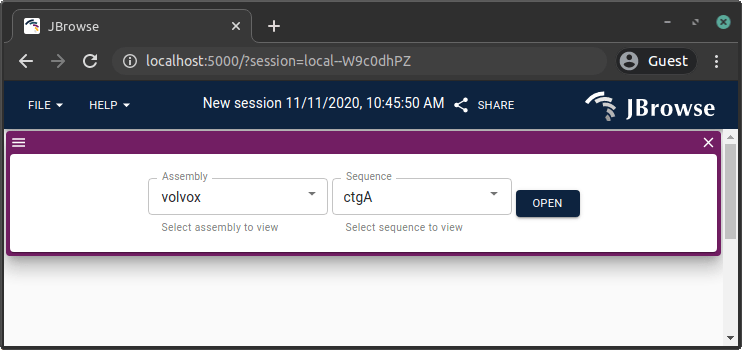 JBrowse 2 linear genome view setup with volvox in assembly dropdown