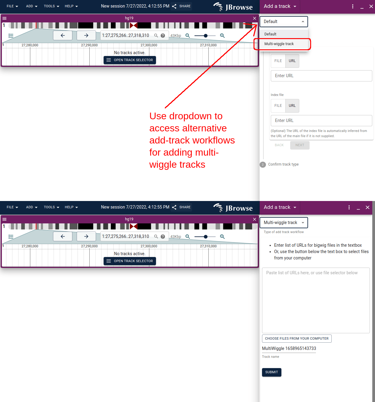 Using the add track widget, you can use the select dropdown to access alternative 'add track workflows' including the multi-wiggle add track workflow. In the multiwiggle add track workflow, you can paste a list of bigWig file URLs, or open up multiple bigwig files from your computer.