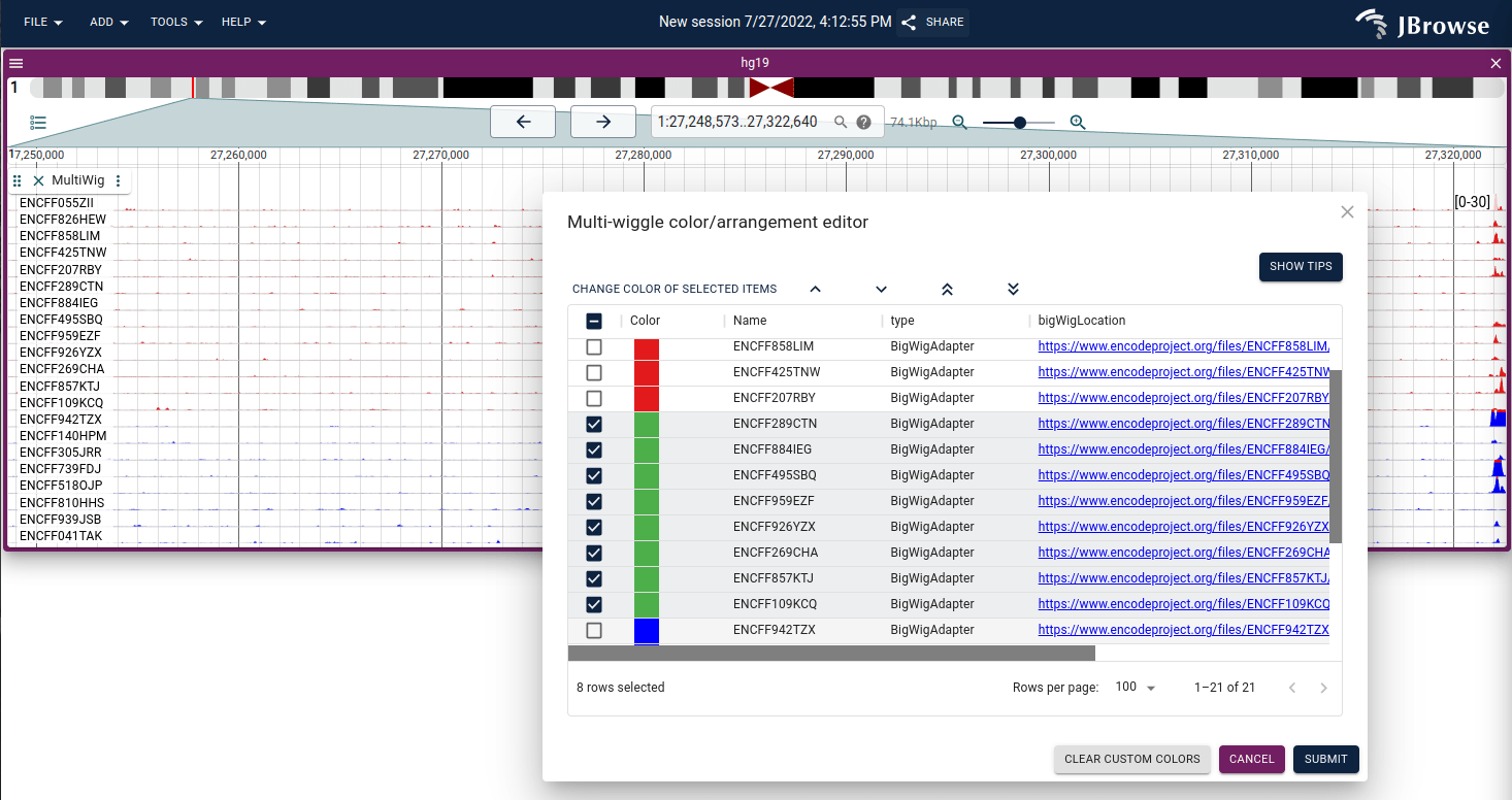 The color/arrangement editor for multi-quantitative tracks let's you change individual subtrack colors, or their ordering in the row based layouts.