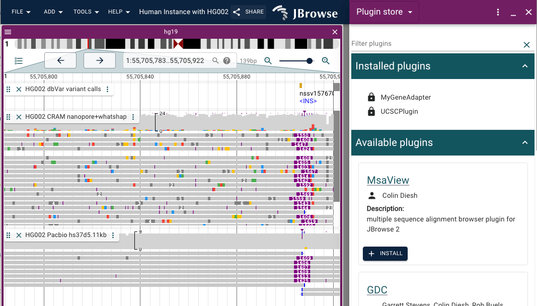 A screenshot of the plugin store. The 'install' button instantly installs the plugin. Plugins available via one-click install are shown the same on desktop and on web instances of JBrowse 2.