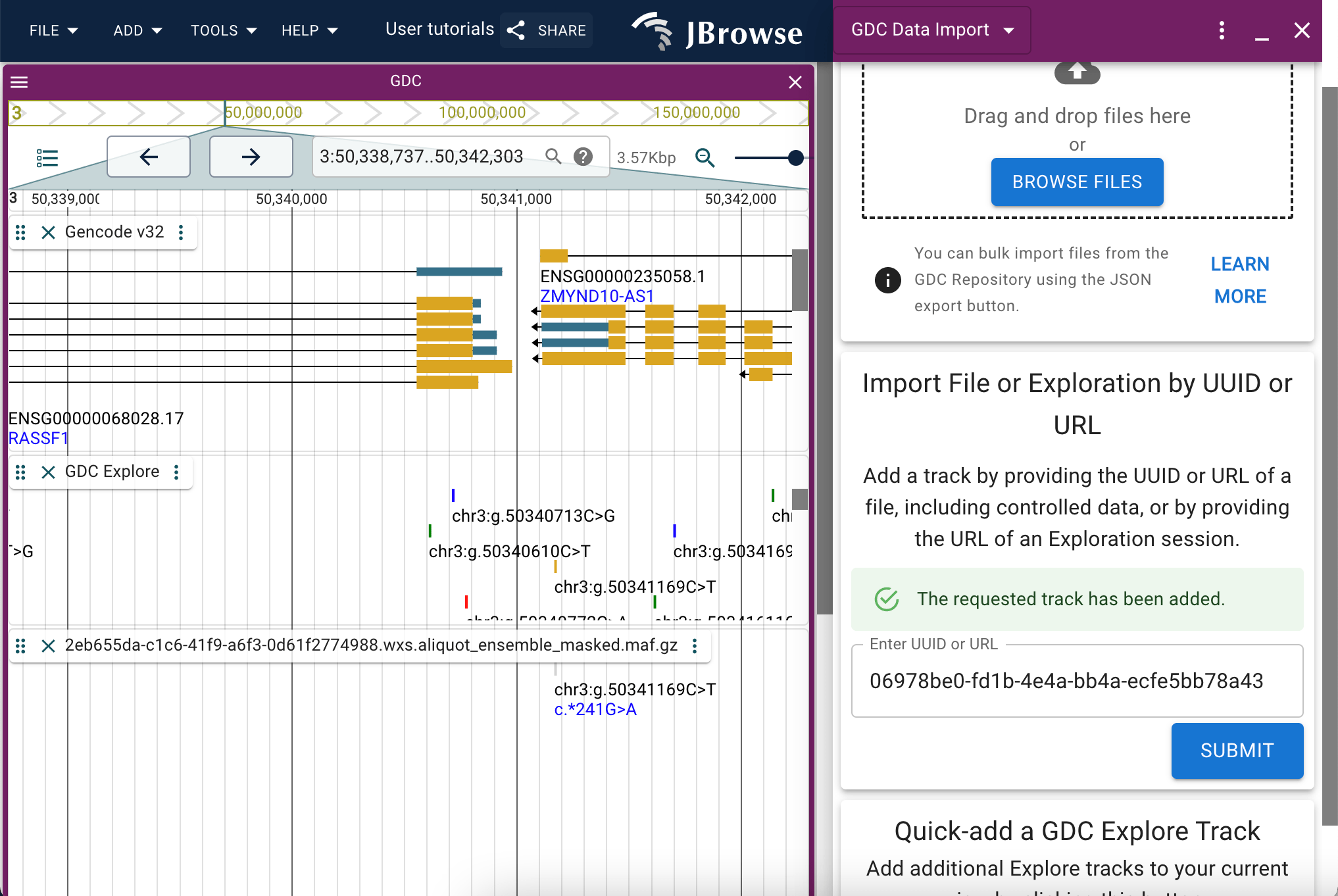 The import file via UUID or URL panel permits a user to enter either the entire URL of a file or exploration session, or simply the UUID of a file to populate it into JBrowse.