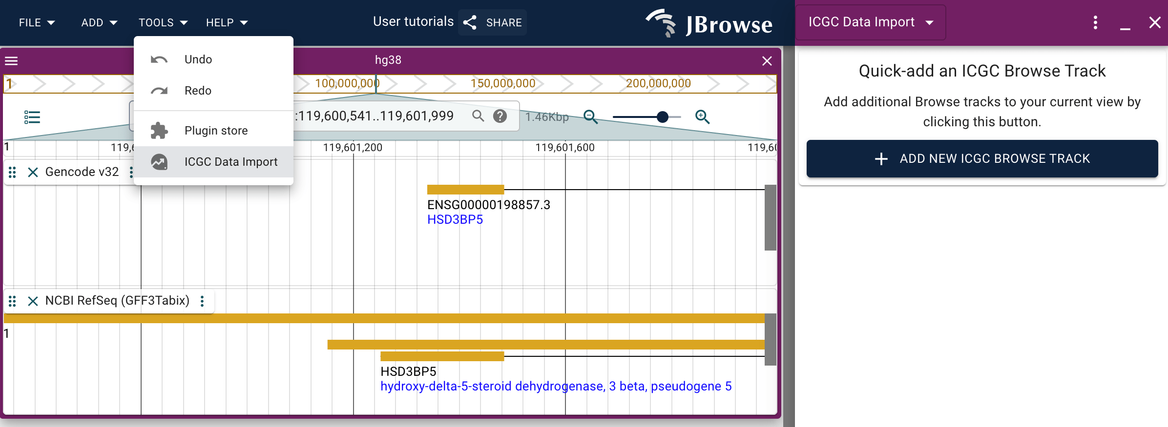 A screenshot of the ICGC data import panel opened to the right, and the access to the panel available through the tools menu. Like the GDC plugin, the ICGC plugin provides users with a quick-add button for adding additional ICGC tracks.