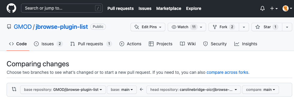 Use the compare across forks option in the pull request UI to merge your forked repo's main branch into the jbrowse-plugin-list main branch.