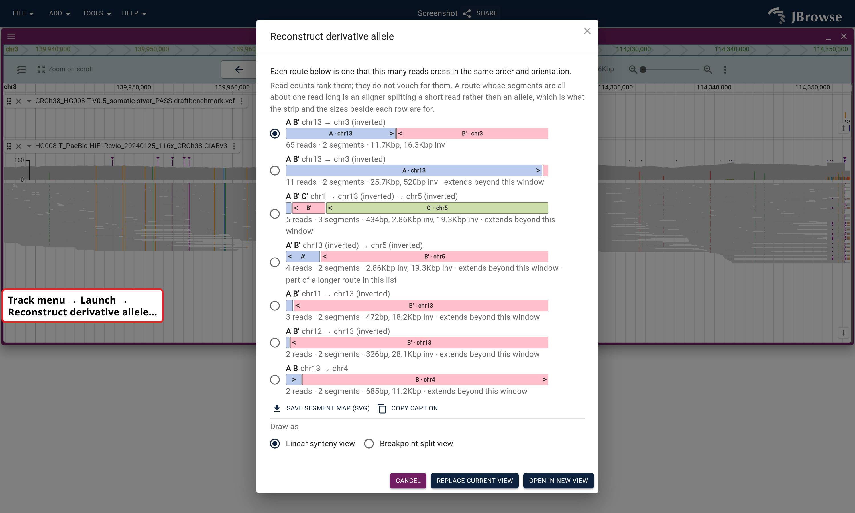 Reconstruct derivative allele over both breakpoint loci of the tumor PacBio HiFi track. The top route, chr13 forward then chr3 inverted, is the junction the benchmark and the tumor assembly both name.