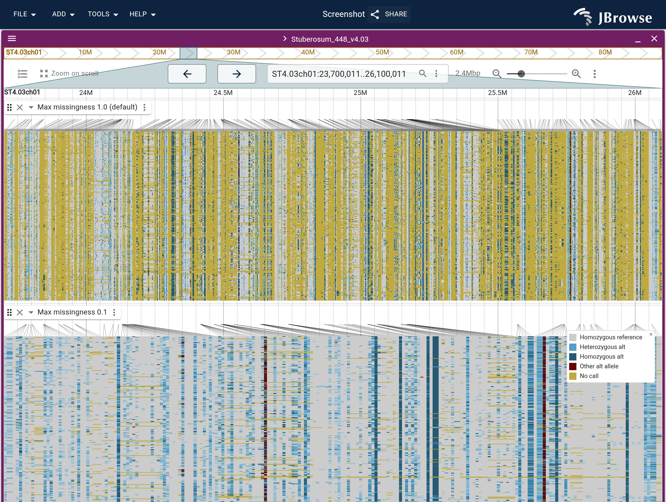 One tetraploid potato multi-sample VCF opened twice in the same view as a genotype matrix, on one ruler. Top: the default missingness ceiling keeps every variant, and no-call columns dominate. Bottom: a 0.1 ceiling leaves the well-genotyped sites.