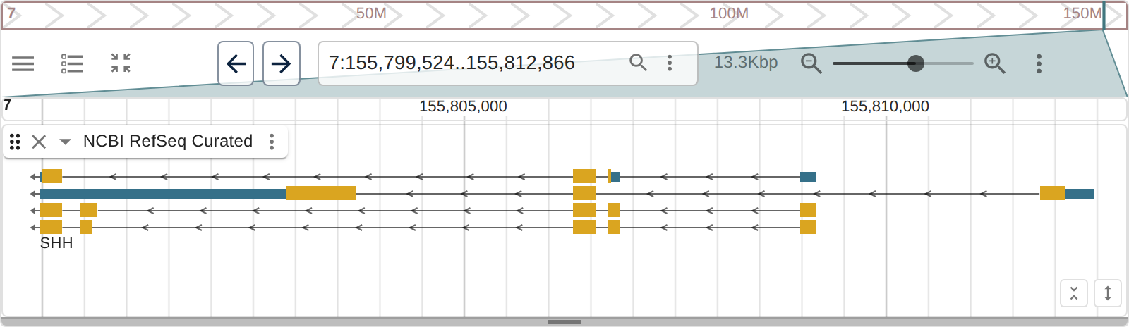 NCBI RefSeq genes at SHH, chr7:155,799,529..155,812,871